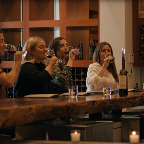 Group of four women seated at a bar counter, each holding and tasting wine glasses, with a fifth woman guiding the session.